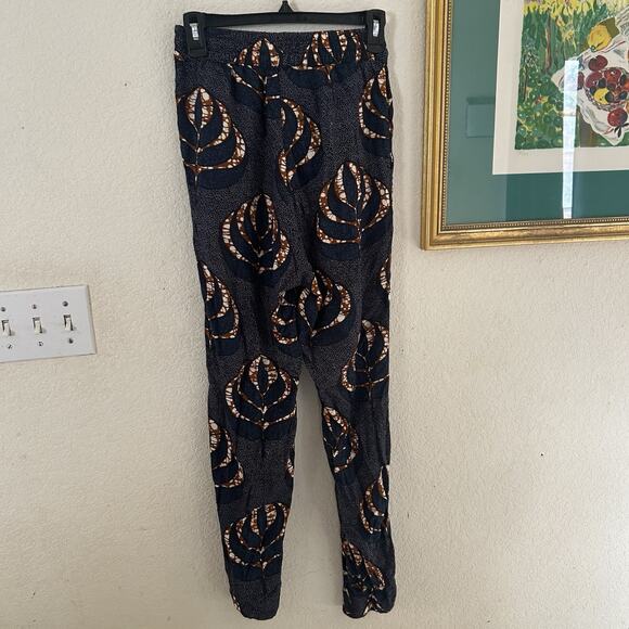 Mille Collines Pull On Pants Blue With Brown Leaves Print Size Small - Picture 4 of 7